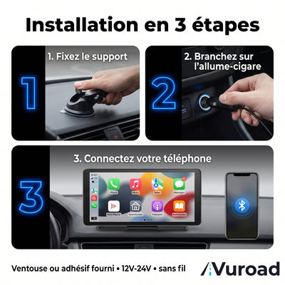 VuRoad® Écran CarPlay & Android Auto sans fil 7" – Portable, tous véhicules